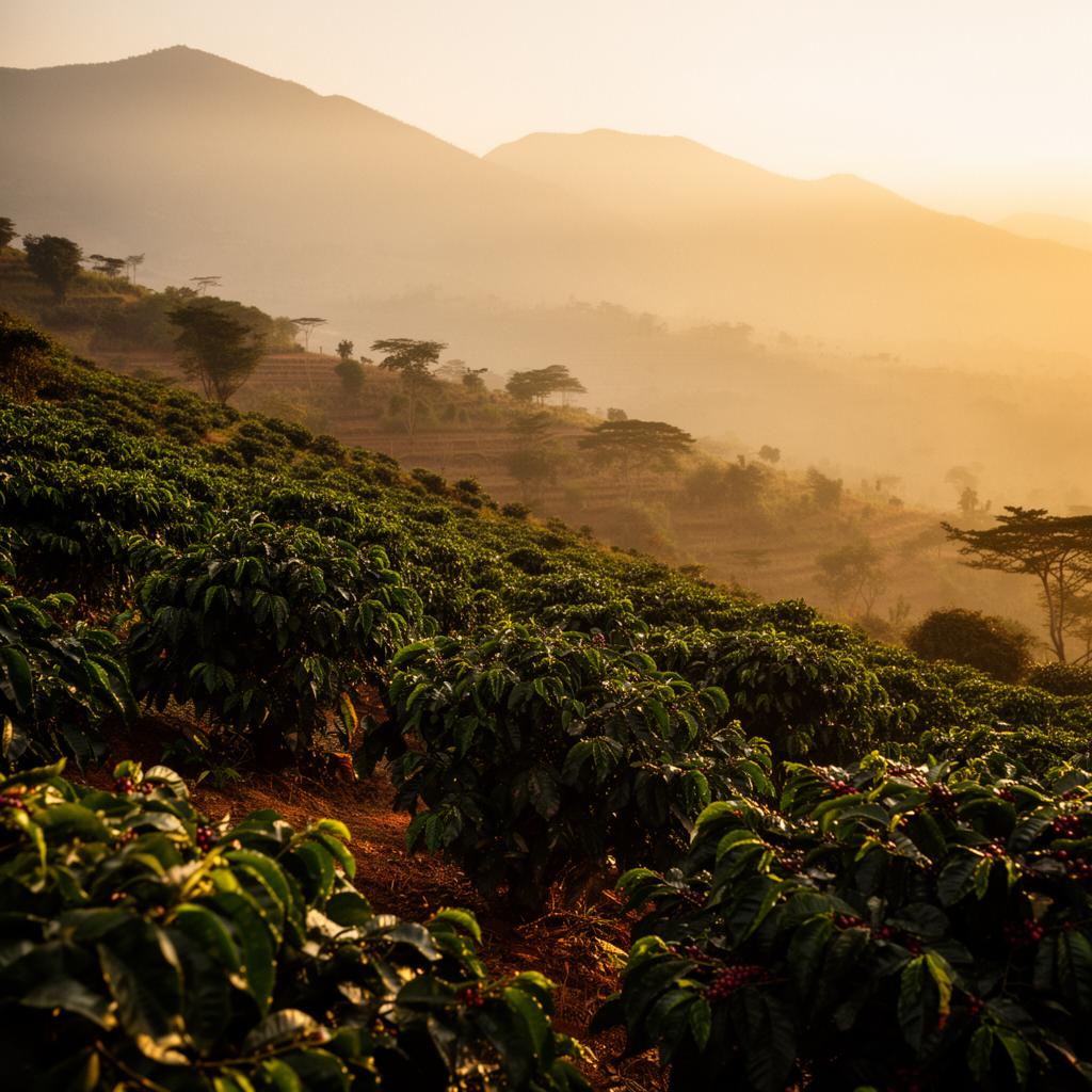 Coffee farm at golden hour